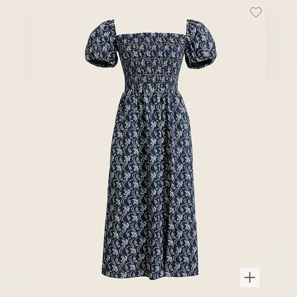 J. Crew Navy Blue Puff-Sleeve Midi Dress with White Paisley Print